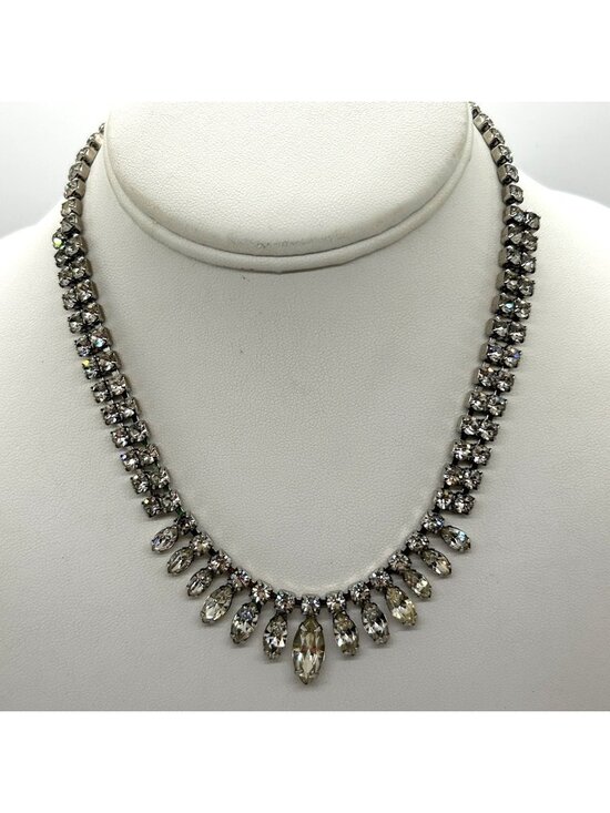 Estate Jewelry - Vintage Silver Tone Clear Rhinestone Choker Necklace Teardrop Navette Marquise A